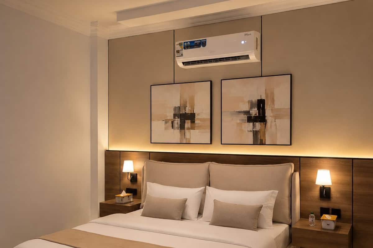 A modern bedroom with a large bed, bedside tables, wall-mounted air conditioning, and abstract wall art.