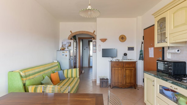 Ein gemütliches Wohnzimmer mit Sofa, Esstisch, einer Küchenzeile mit Schränken und Geräten sowie einem Flur, der in einen anderen Raum führt.