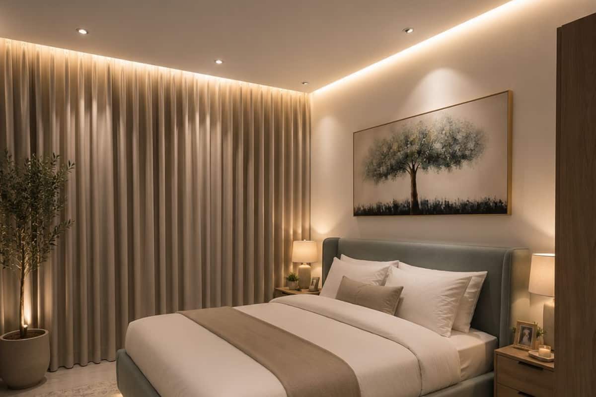 Un dormitorio moderno con una cama grande, mesitas de noche, una planta en maceta y una obra de arte colgada en la pared.