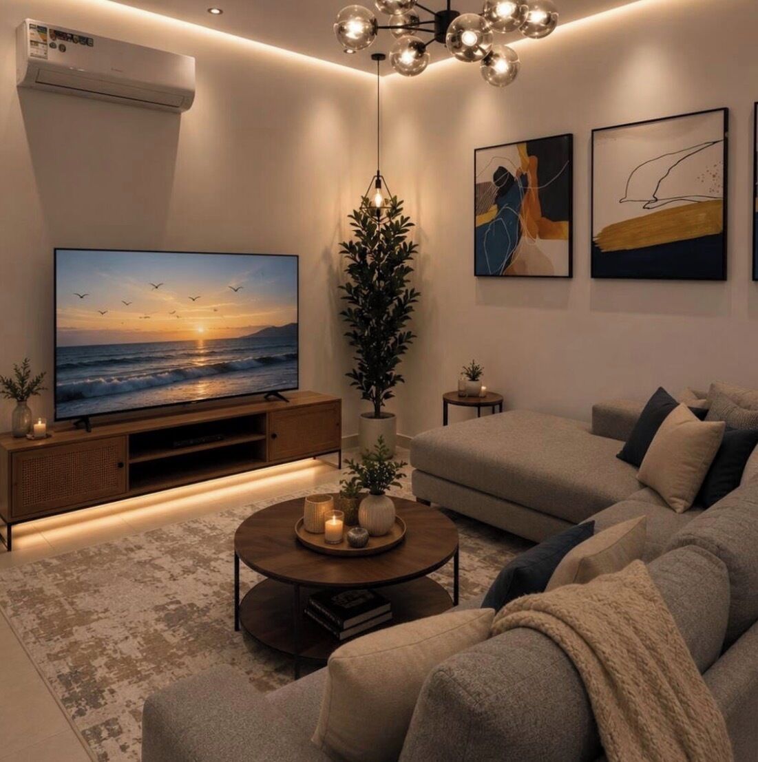 A modern living room with a flat-screen TV, a sofa, a coffee table with candles, and a decorative plant.