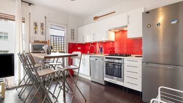 Coffee/tea maker, fridge, microwave, oven