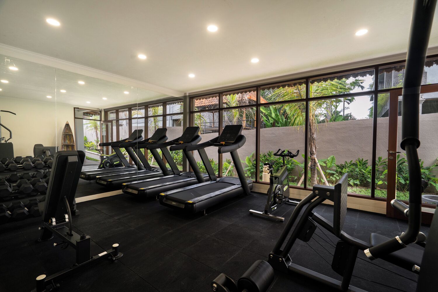 A gym with treadmills, dumbbells, and exercise equipment.