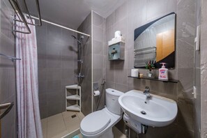 Kylpyhuone, jossa on suihku, wc, pesuallas ja peili.
