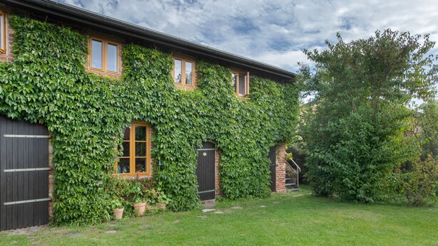 A house with ivy-covered walls, a front door, and a small garden area. - Apartment "Galerie" – Cozy Retreat Near Water and Forest (Kröslin)