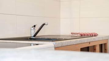 Una cocina con un lavamanos de acero inoxidable, una encimera de madera y un mantel a cuadros rojo y blanco.