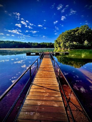 Un muelle de madera que se adentra en aguas tranquilas, rodeado de abundante vegetación y un cielo azul despejado.