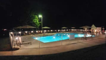 Outdoor pool, open 9:00 AM to 9:00 PM, pool umbrellas, pool loungers
