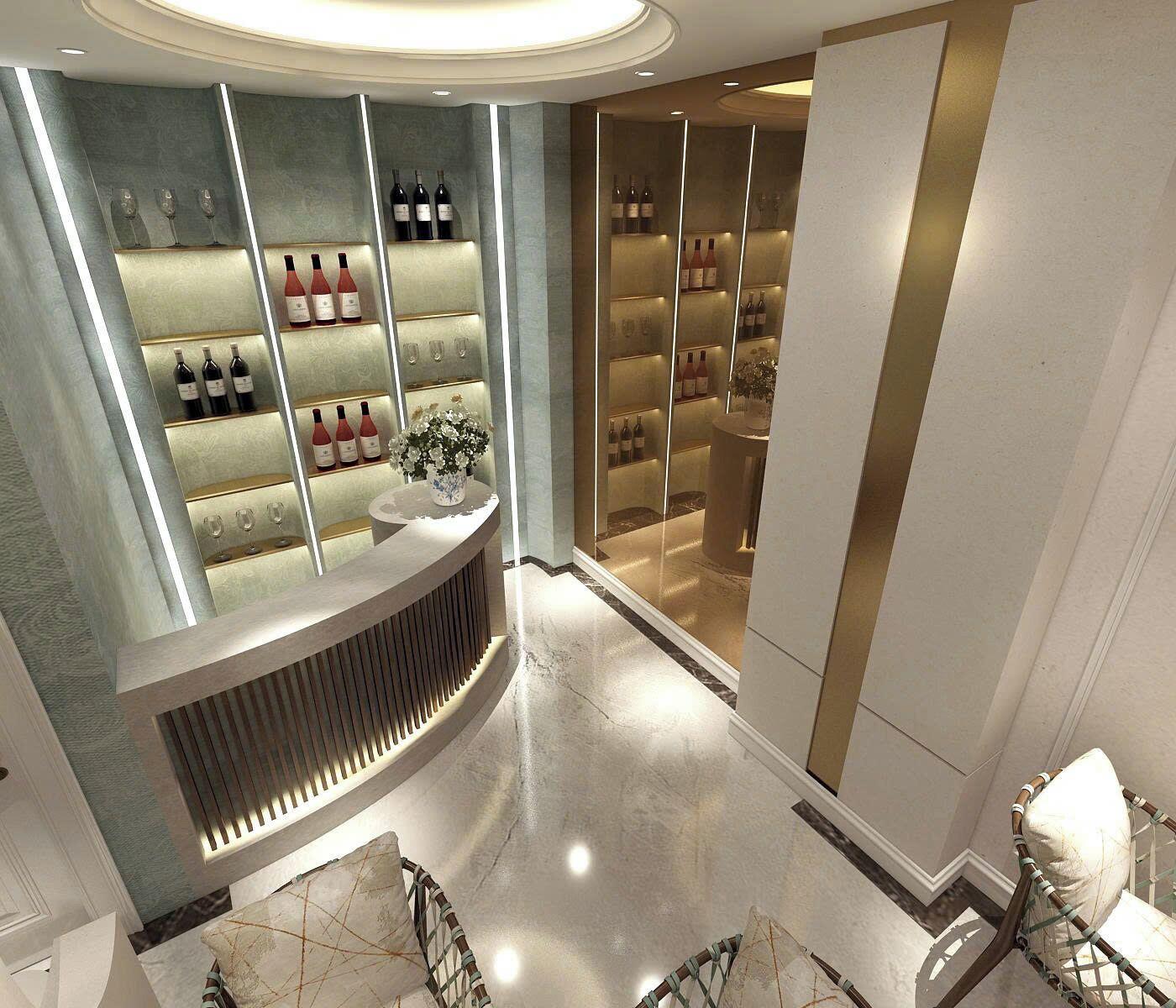 Un hall d’hôtel moderne avec un présentoir à vin, un comptoir d’accueil et un espace salon.