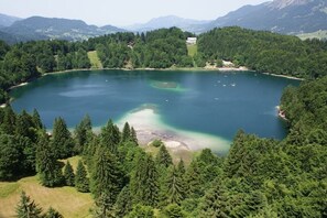 Ein See, umgeben von dichtem Wald und Bergen.