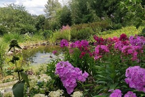 Ein Garten mit Teich, umgeben von üppiger Bepflanzung und blühenden Pflanzen.