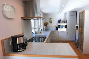 Eine moderne Küche mit Herd, Spüle und Kühlschrank.