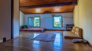 Une pièce spacieuse avec un plancher en bois, un canapé, un tapis et un lit recouvert d’une couvre-lit à motifs.
