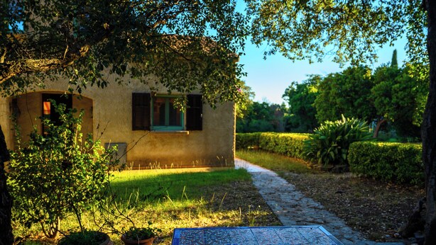 Un bâtiment rustique doté d’une fenêtre et d’une porte, entouré de verdure et bordé d’un chemin pavé.