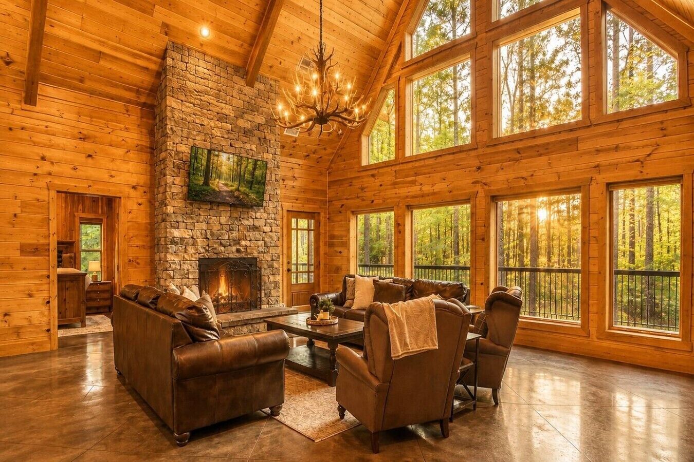 Luxury Great Room with Fireplace and Floor-to-Ceiling Windows