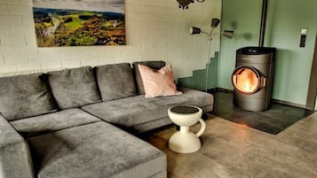TV connectée, cheminée, livres