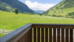 A wooden deck overlooking a green valley with mountains in the distance.