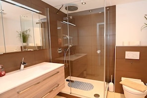 Ein modernes Badezimmer mit einer Duschkabine, einem Waschtisch mit Spiegel und einer Toilette.
