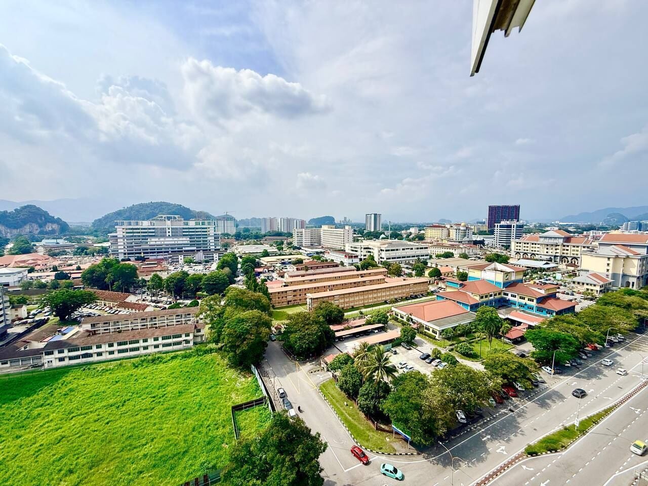 A cityscape with a mix of modern and traditional buildings, a green park area, and a road with vehicles.