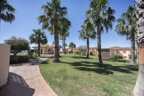 Um pátio com palmeiras, um caminho de tijolos e edifícios com estilo arquitetônico mediterrâneo.