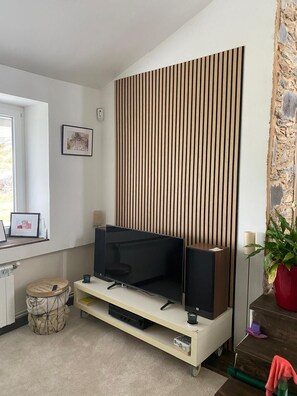 Ein modernes Wohnzimmer mit Flachbildfernseher auf einem Standfuß, einer Wand mit Steinverkleidung und einer Topfpflanze.