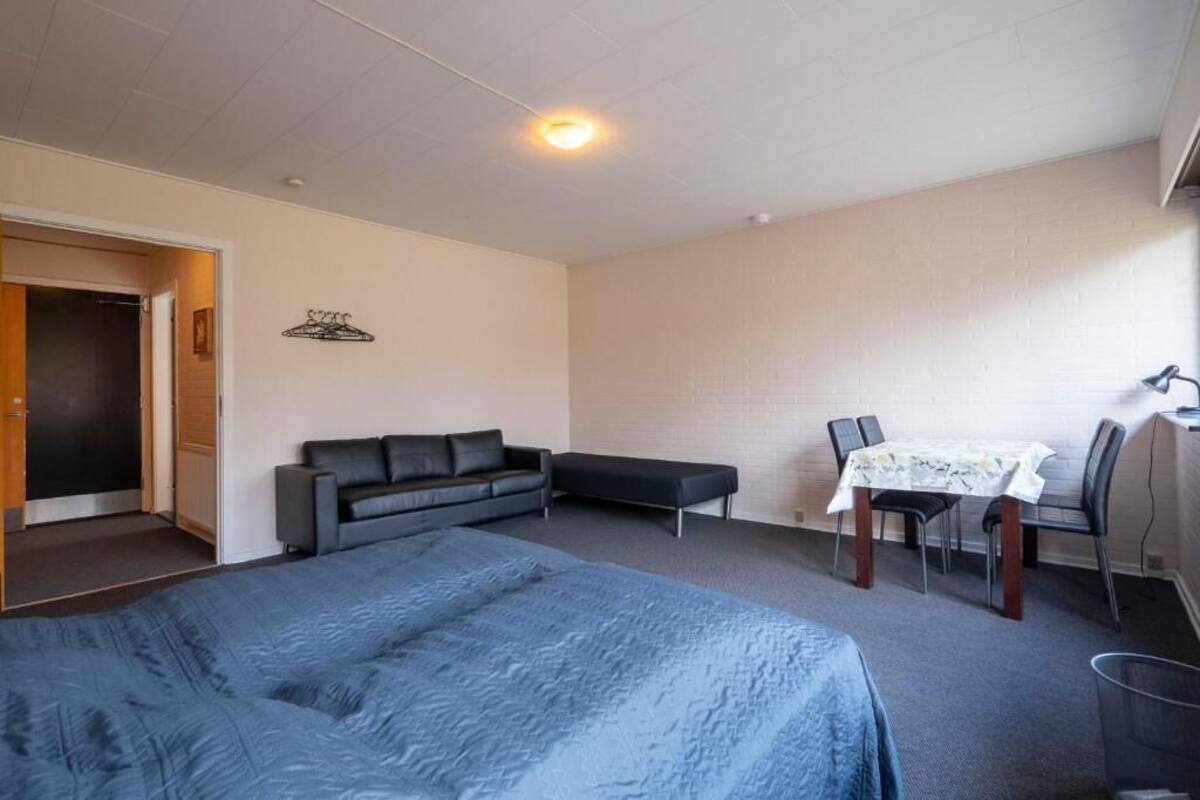 A bedroom with a bed, a sofa, a dining table with chairs, and a small kitchenette area.