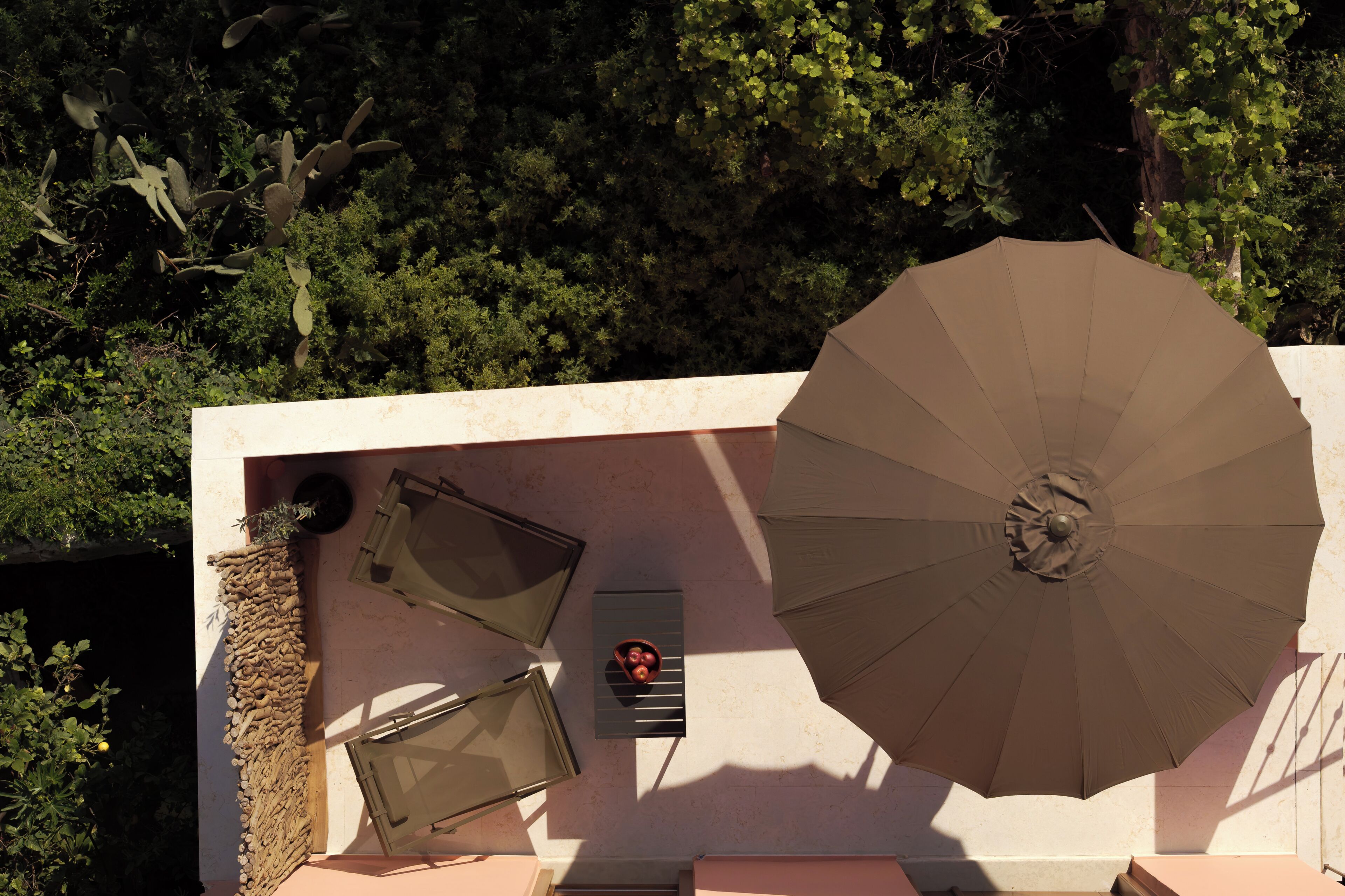 A patio area with a large umbrella, a window, and a potted plant.