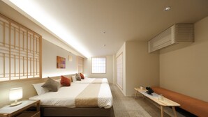 A hotel room with two beds, a bedside table with a lamp, a bench, and a large window. - HAKU HIROSHIMA Station HOTEL (Hiroshima)