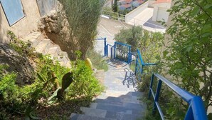 Una escalera de piedra conduce a una verja azul, rodeada de follaje y un edificio al fondo.