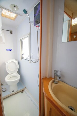 Une salle de bain avec des toilettes, un lavabo, une douche et une fenêtre.