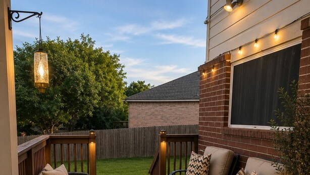 Eine überdachte Terrasse mit Gartenmöbeln, einem runden Tisch und Lichterketten.
