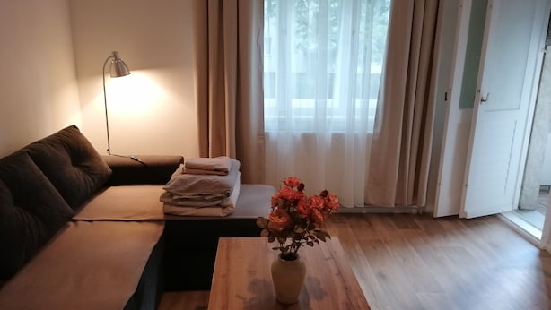 A room with a sofa, a bedside table with a vase of flowers, a lamp, and a window with curtains. - Vacation rental near Jungfernheidepark with free parking (Berlin)