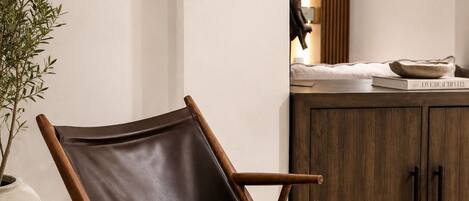 Un intérieur moderne avec un fauteuil en cuir, un meuble en bois et une plante en pot.