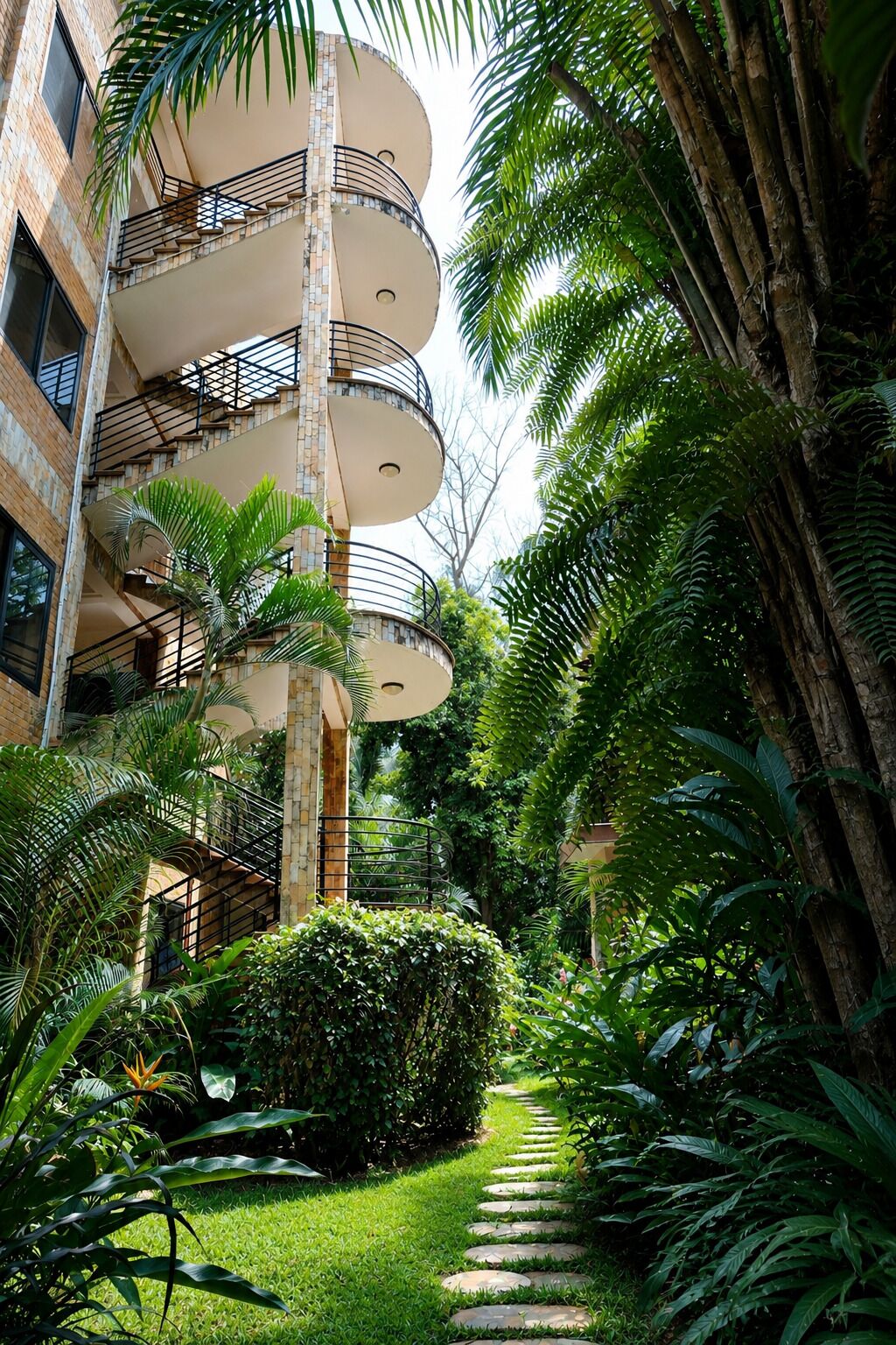 A multi-story building with balconies, surrounded by lush greenery and a stone pathway.