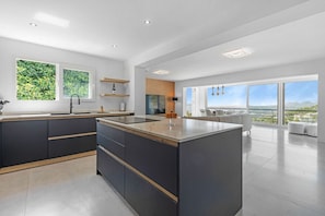 A modern kitchen with a central island, large windows, and a view of the outdoors.