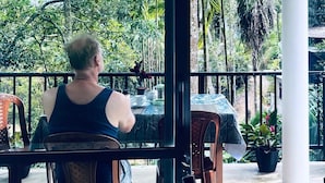 Eine Person sitzt an einem Tisch mit Blick auf dichtes tropisches Grün.
