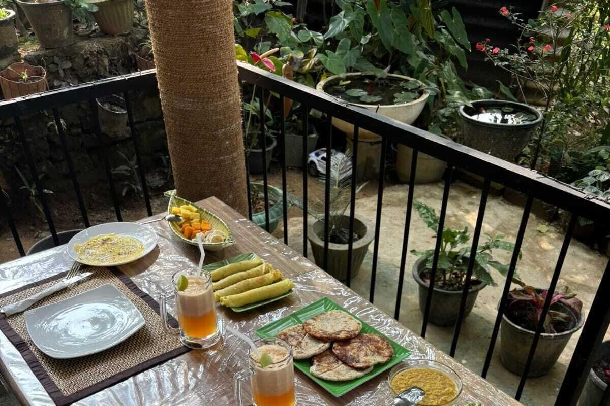 A dining table set with plates, glasses, and food items, surrounded by potted plants and a railing.