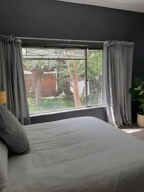 A bed with a view of a tree outside a window. - Leaf & Lark (Bloemfontein)
