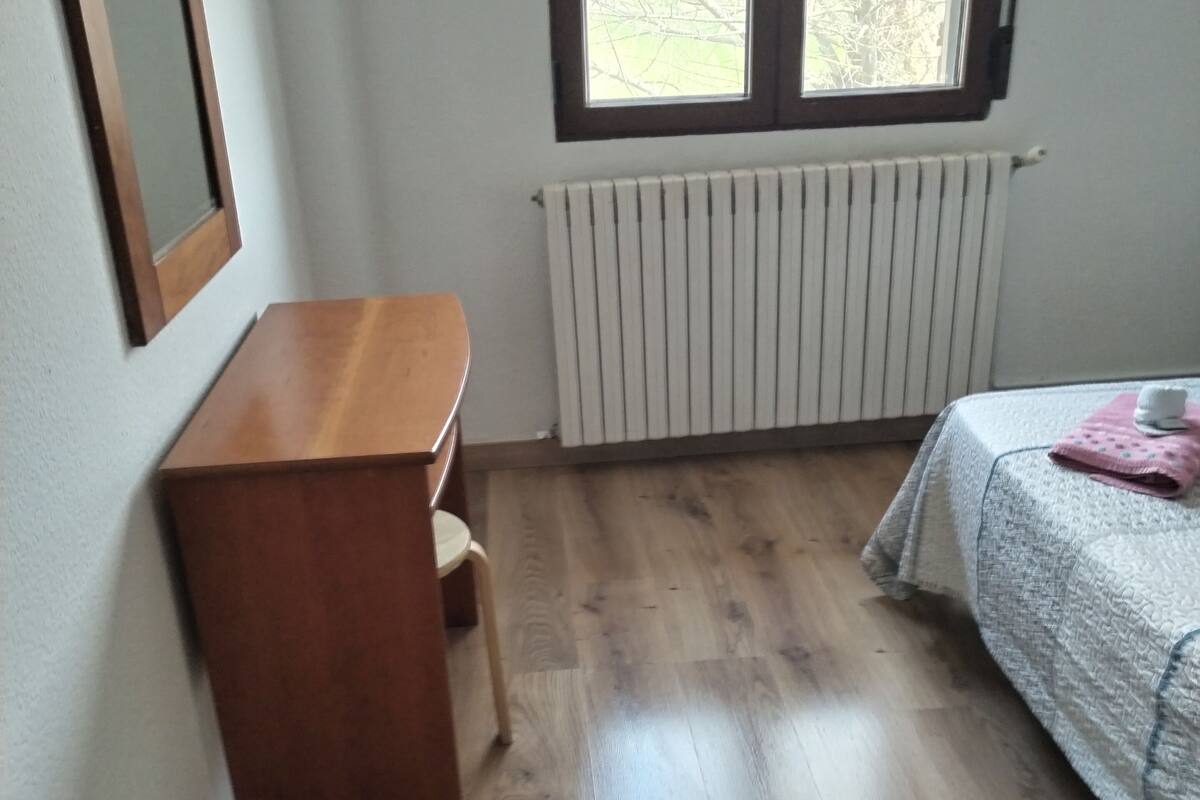 A room with a wooden desk, a radiator, a bed with a quilt, and a window with a view of trees.