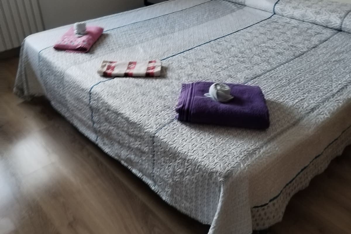 Een net opgemaakt bed met een bedovertrek met patroon, een kussen en twee opgevouwen handdoeken.