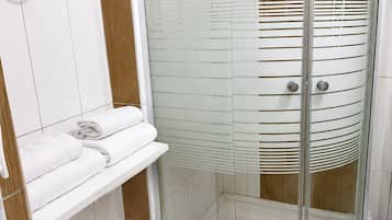 Shower, towels, toilet paper