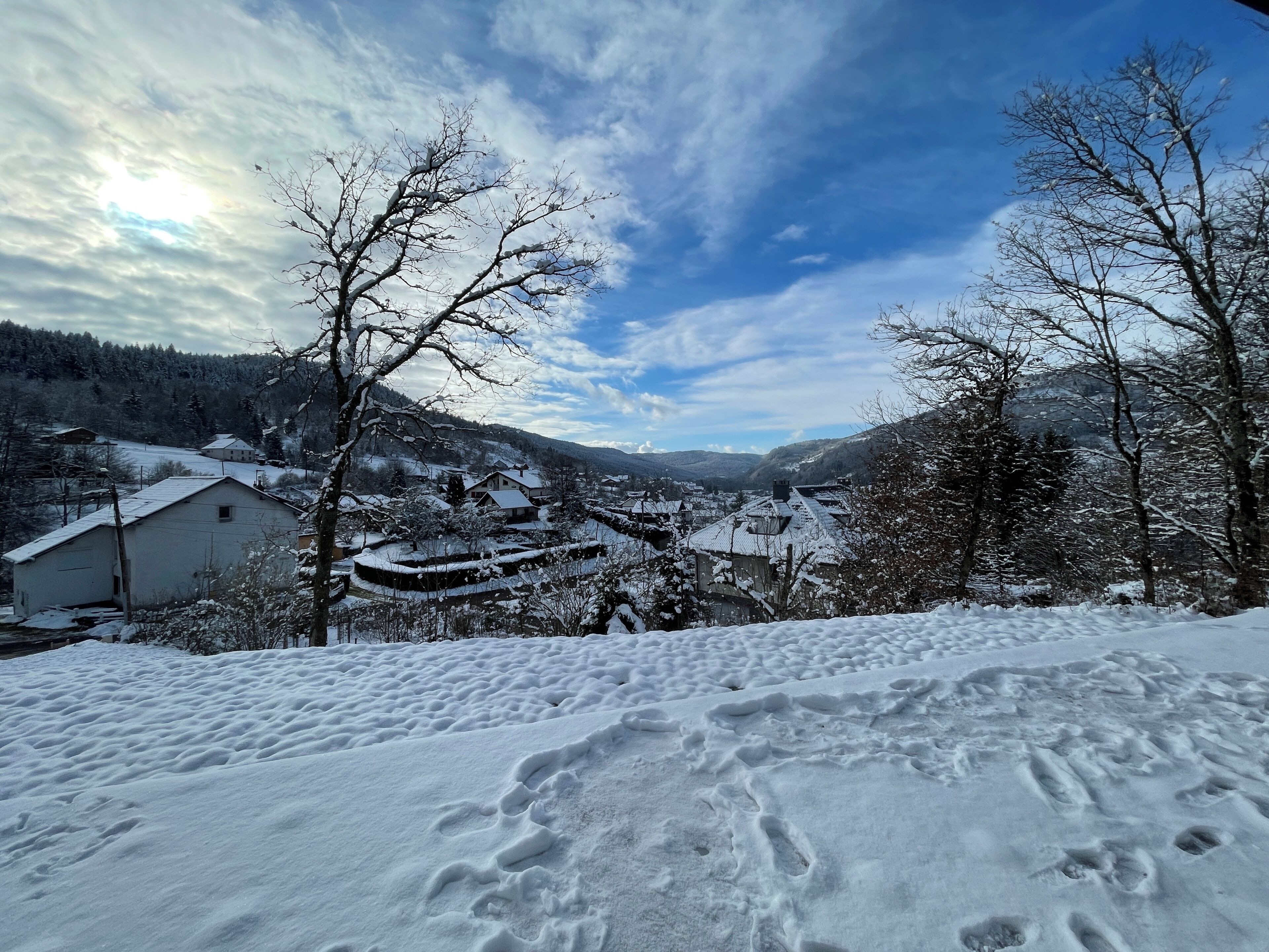 A snowy landscape with buildings, trees, and a clear sky.