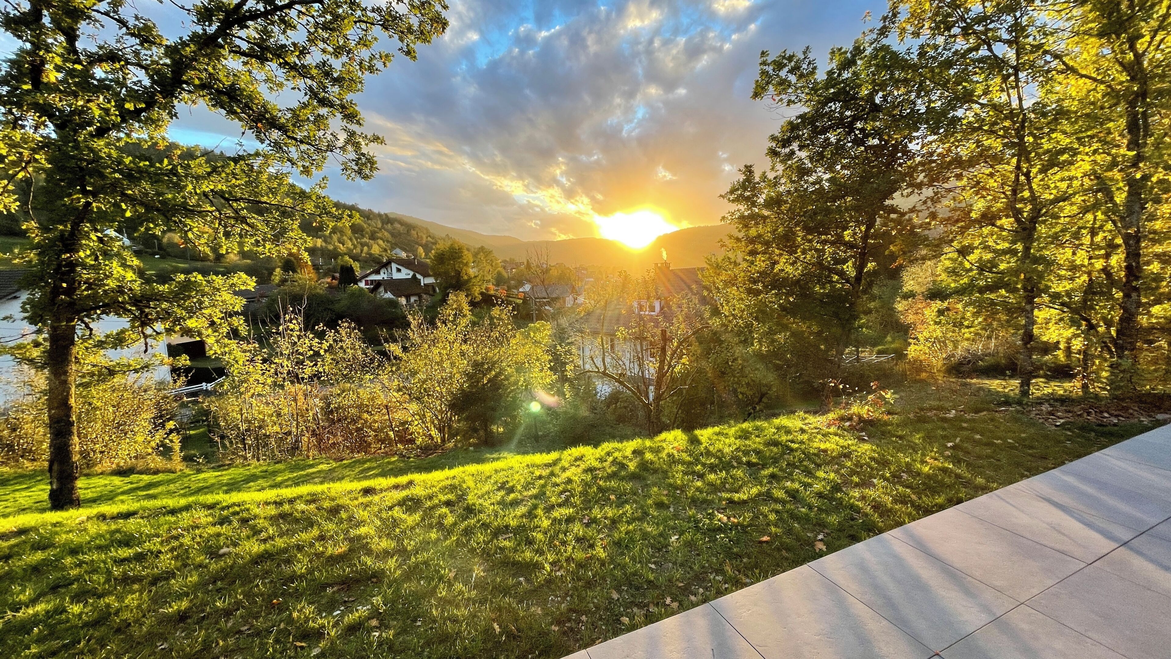 Paesaggio tranquillo con un fiume, alberi e una casa sullo sfondo.