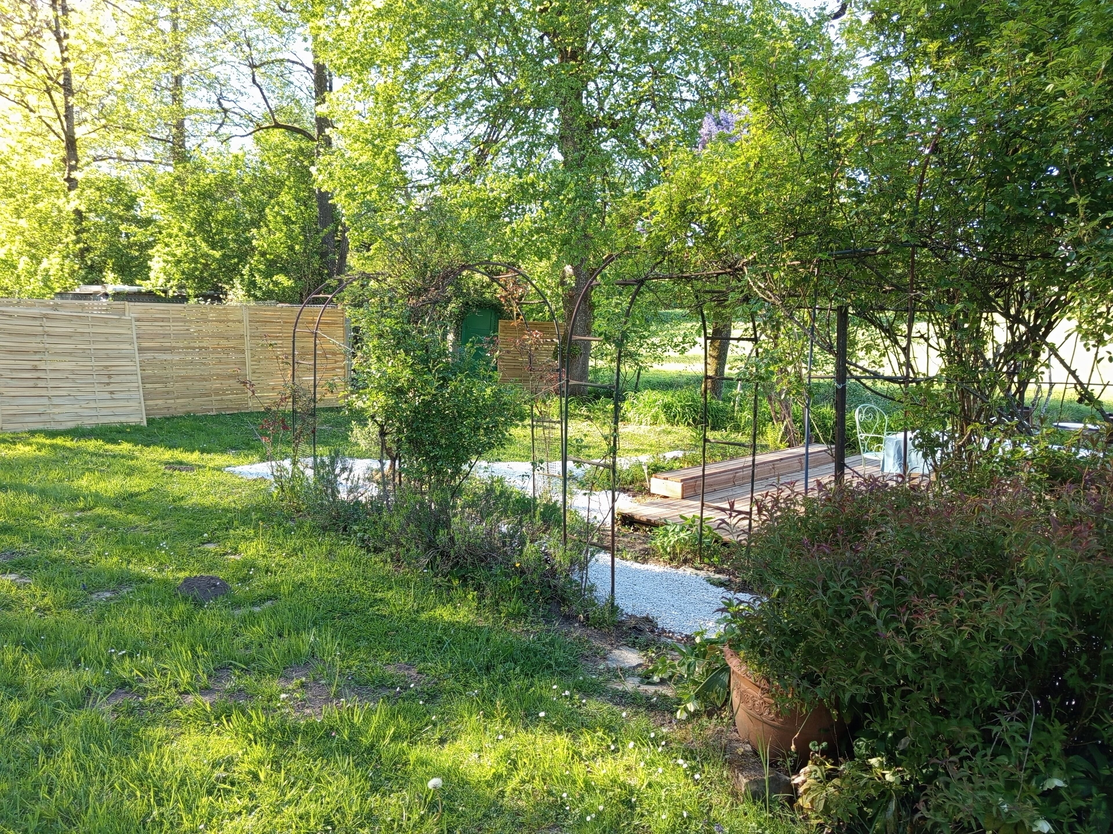 Ein Garten mit Holzdeck, grünem Zaun und verschiedenen Pflanzen.