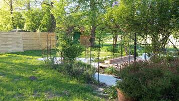 Ein Garten mit Holzdeck, grünem Zaun und verschiedenen Pflanzen.