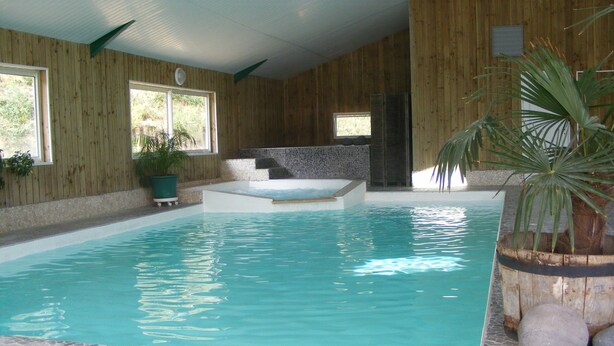 An indoor swimming pool with a stone-tiled floor, wooden walls, and a built-in hot tub. - Chalet Douglas - 30 People (Châtillon-Saint-Jean)