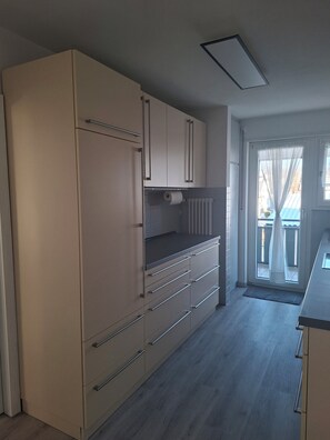 Una cocina moderna con armarios color beige, una encimera y vistas al exterior.