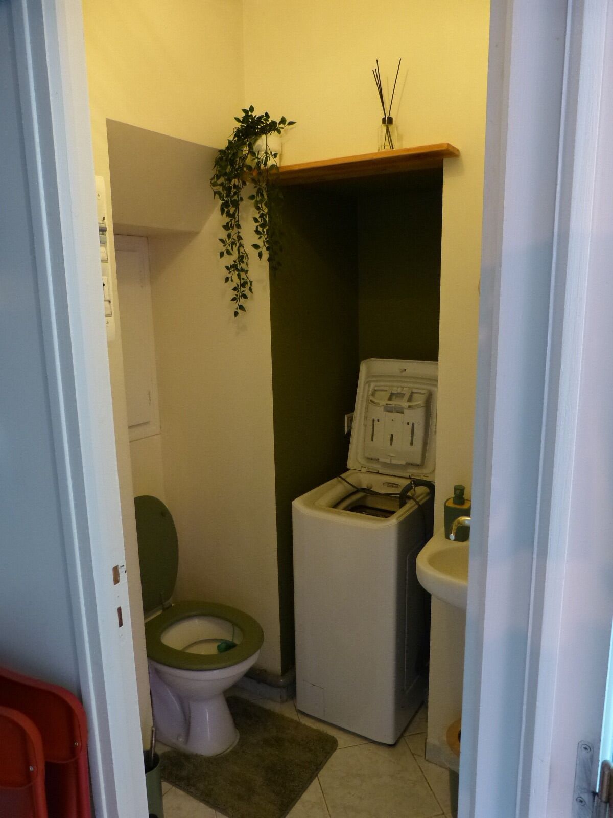 Een kleine badkamer met een toilet, een wasmachine, een wastafel en een plant.
