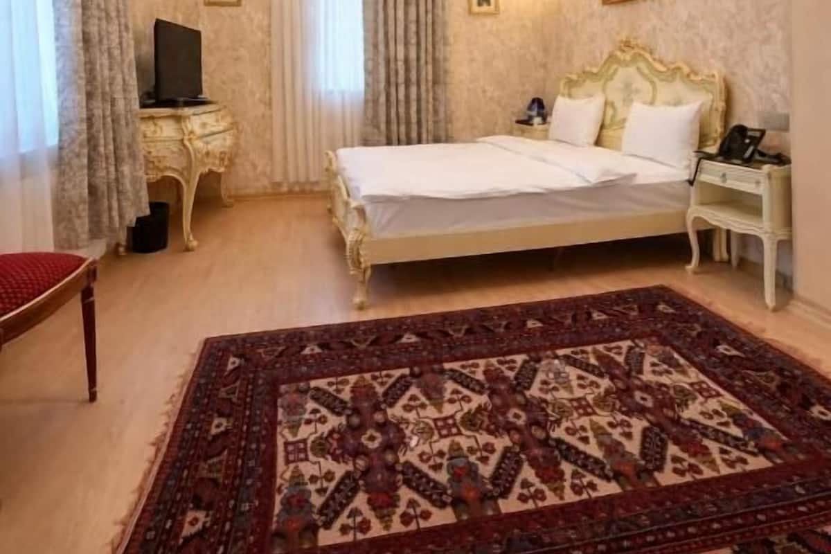 A bedroom with a bed, a chandelier, a patterned rug, and a nightstand.