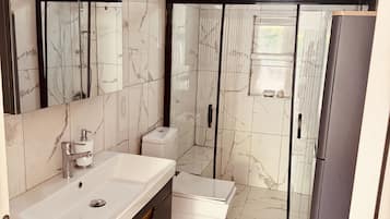 Shower, towels, shampoo, toilet paper