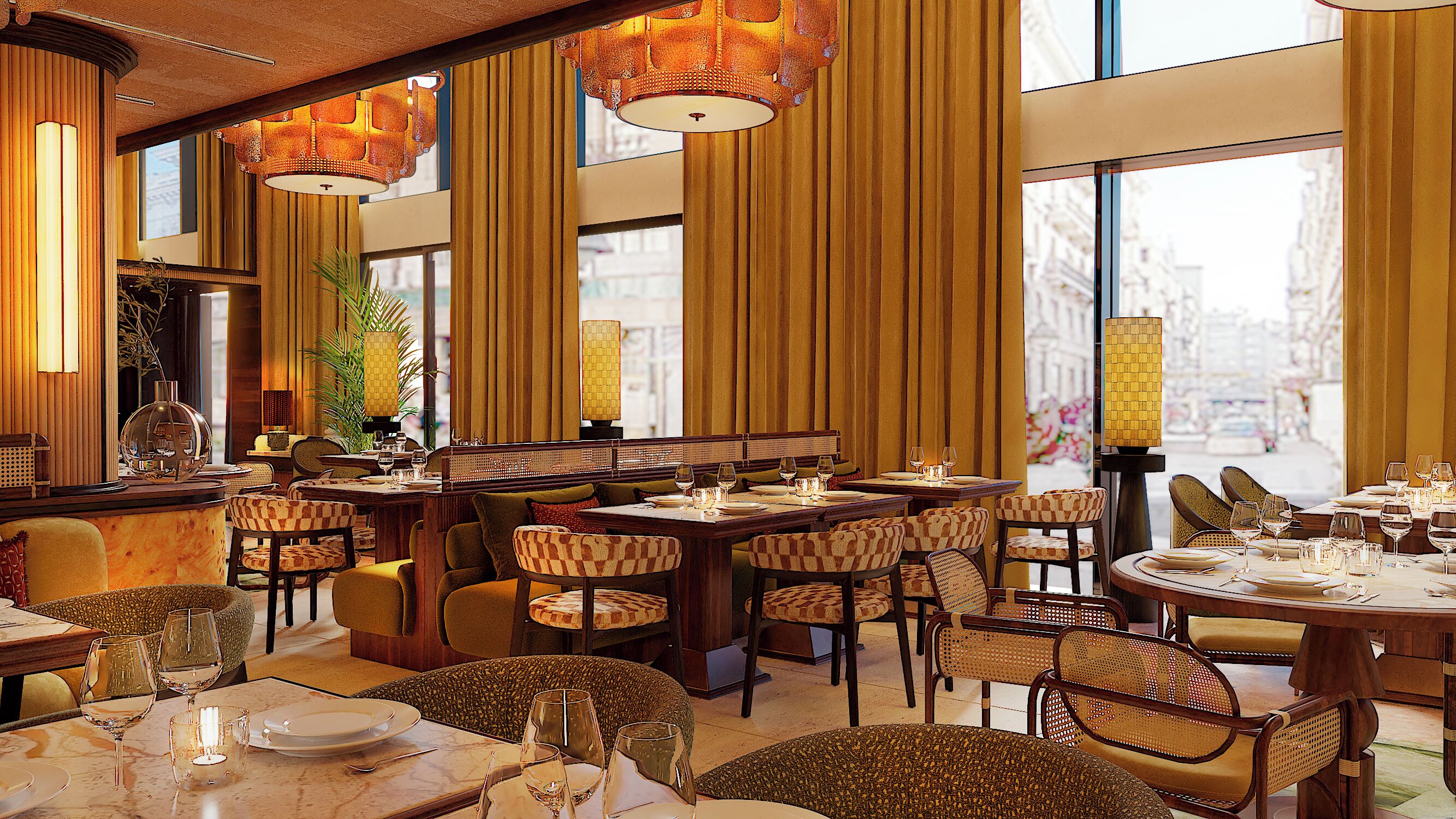 L’intérieur d’un restaurant avec des tables hautes, des chaises et des lampes suspendues.